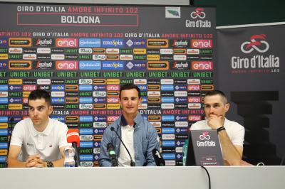Foto Filippo Rubin <br />
09 maggio 2019 Bologna (Italia)<br />
Sport Ciclismo<br />
Giro d'Italia 2019 - edizione 102 - Conferenza Stampa Team<br/><br />
Nella foto: AG2R<br/>GALLOPIN Tony, VUILLERMOZ Alexis, DUPONT Hubert<br />