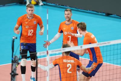 BARI, ITALY - SEPTEMBER 9:  NETHERLANDS CELEBRATE during the CEV EuroVolley 2023 match between Netherlands and Germany at the Pala Florio on september 9, 2023 in Bari, Italy<br/> (Photo by Filippo Rubin/BSR Agency)