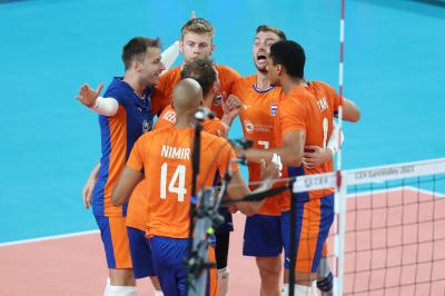 BARI, ITALY - SEPTEMBER 9:  NETHERLANDS CELEBRATEduring the CEV EuroVolley 2023 match between Netherlands and Germany at the Pala Florio on september 9, 2023 in Bari, Italy<br/> (Photo by Filippo Rubin/BSR Agency)