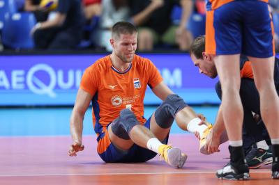 BARI, ITALY - SEPTEMBER 9:  THIJS TER HORST INJURY during the CEV EuroVolley 2023 match between Netherlands and Germany at the Pala Florio on september 9, 2023 in Bari, Italy<br/> (Photo by Filippo Rubin/BSR Agency)