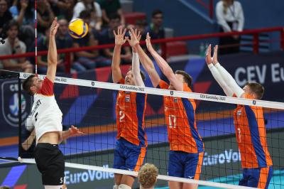 BARI, ITALY - SEPTEMBER 9:  WESSELKEEMINK MICHAEL PARKINSON GIJS JORNA during the CEV EuroVolley 2023 match between Netherlands and Germany at the Pala Florio on september 9, 2023 in Bari, Italy<br/> (Photo by Filippo Rubin/BSR Agency)