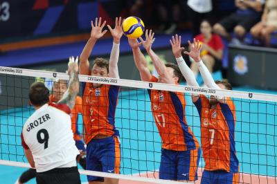 BARI, ITALY - SEPTEMBER 9:  THREE BLOCK NETHERLANDS during the CEV EuroVolley 2023 match between Netherlands and Germany at the Pala Florio on september 9, 2023 in Bari, Italy<br/> (Photo by Filippo Rubin/BSR Agency)