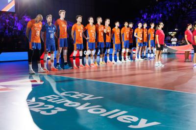 BARI, ITALY - SEPTEMBER 9:  NATIONAL ANTHEM during the CEV EuroVolley 2023 match between Netherlands and Germany at the Pala Florio on september 9, 2023 in Bari, Italy<br/> (Photo by Filippo Rubin/BSR Agency)