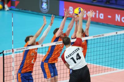 BARI, ITALY - SEPTEMBER 9:  THREE BLOCK NETHERLANDS during the CEV EuroVolley 2023 match between Netherlands and Germany at the Pala Florio on september 9, 2023 in Bari, Italy<br/> (Photo by Filippo Rubin/BSR Agency)