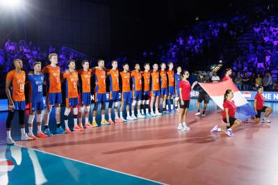 BARI, ITALY - SEPTEMBER 9:  NATIONAL ANTHEM during the CEV EuroVolley 2023 match between Netherlands and Germany at the Pala Florio on september 9, 2023 in Bari, Italy<br/> (Photo by Filippo Rubin/BSR Agency)