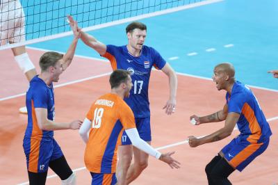 BARI, ITALY - SEPTEMBER 9:  NETHERLANDS CELEBRATEduring the CEV EuroVolley 2023 match between Netherlands and Italy at the Pala Florio on september 12, 2023 in Bari, Italy<br/> (Photo by Filippo Rubin/BSR Agency)